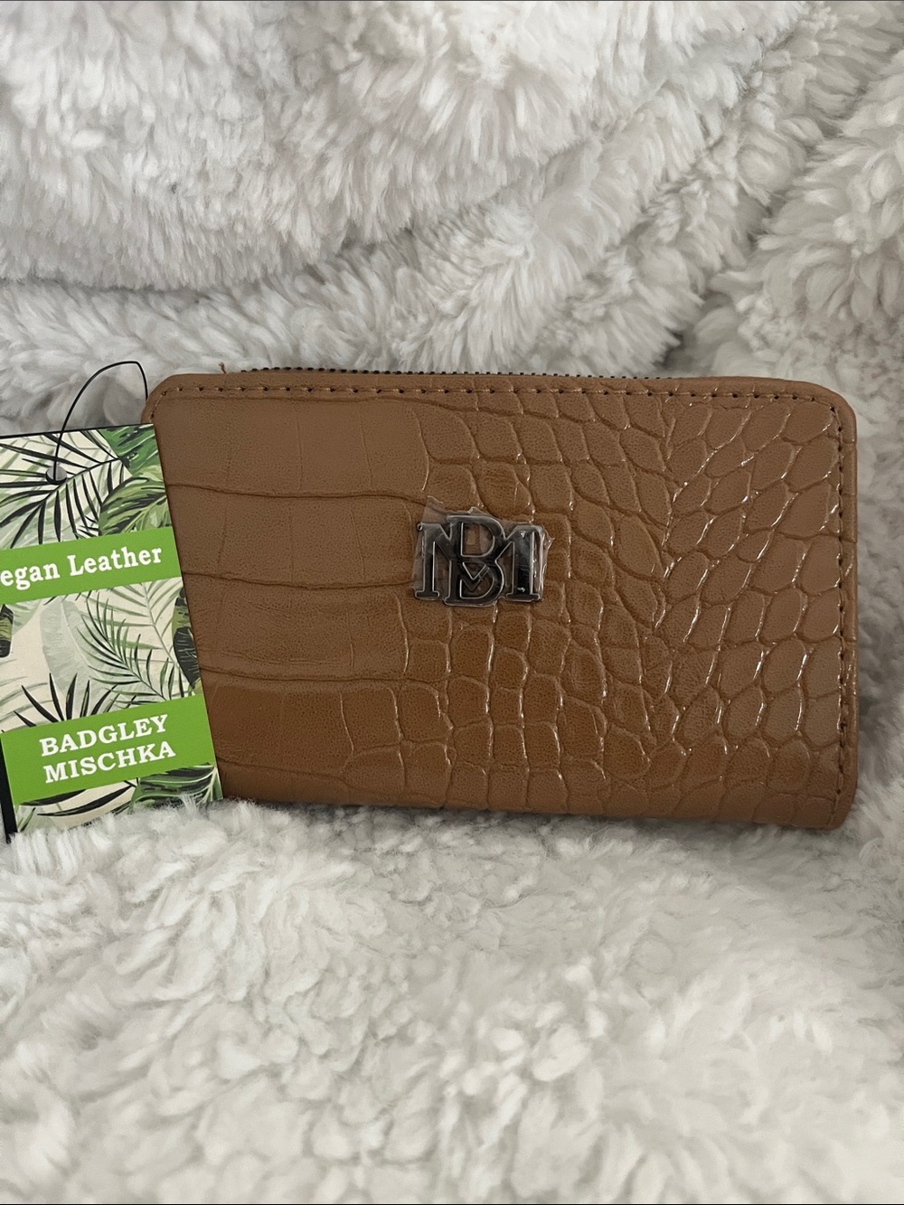 Badgley Mischka Cognac Croc-Embossed Vegan Leather Zip Wallet